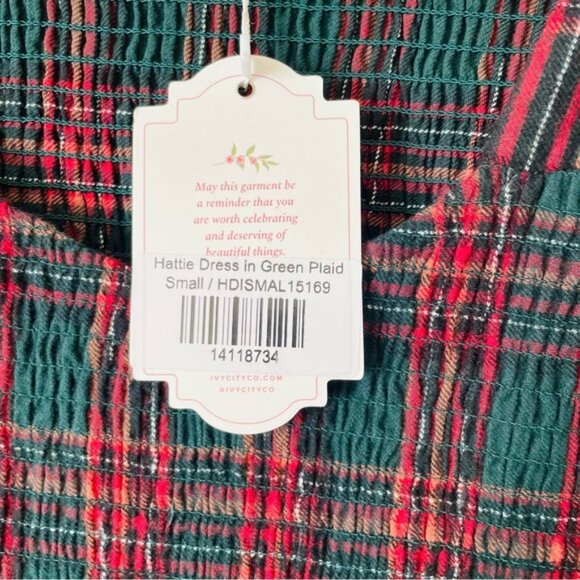 NWT Ivy City Co. SMALL Hattie Smocked pocketed midi dress in Evergreen Plaid red - Picture 8 of 9